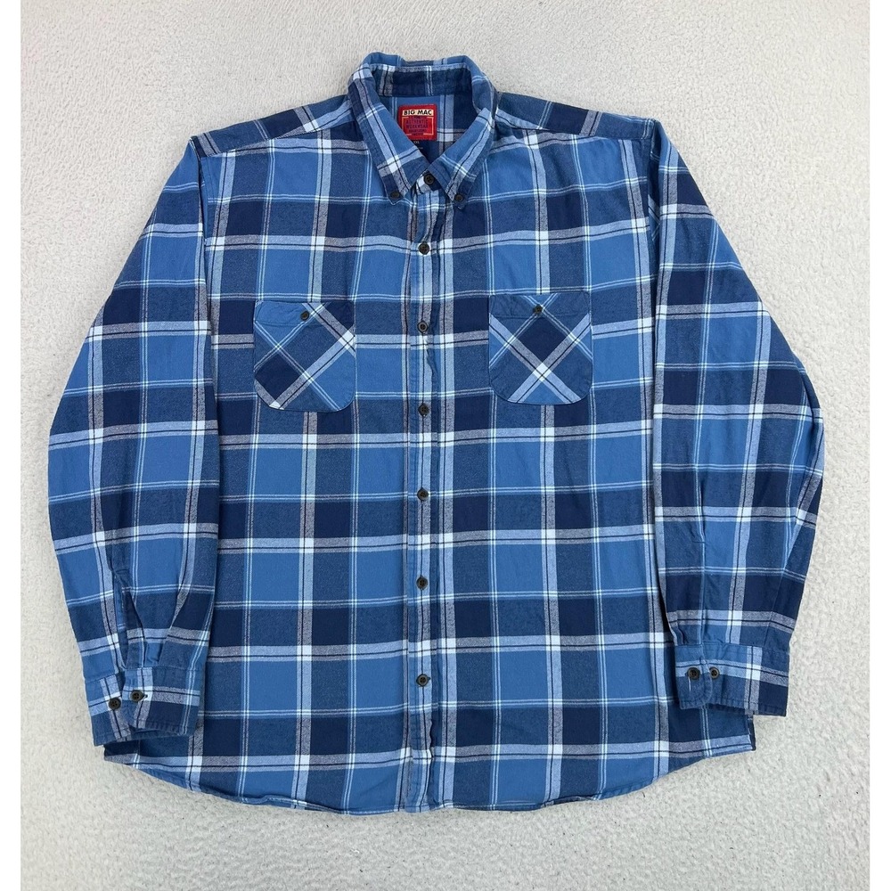 Big Mac Shirt Mens 2XL Blue Plaid Flannel Button Up Long Sleeve Workwear Y2K